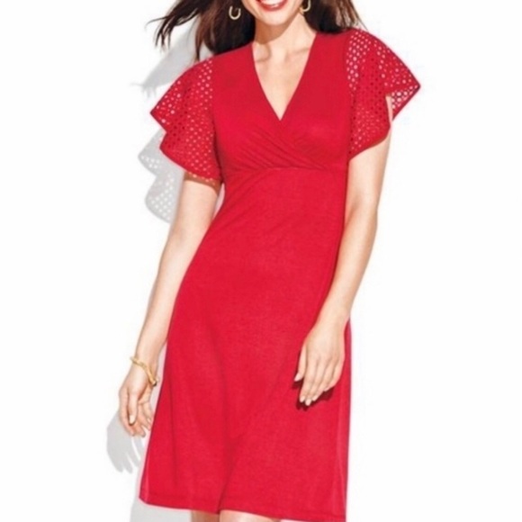Avon Open Knit Flutter Sleeve Mini Dress Medium Red Casual Surplice Neck Soft - Picture 1 of 15